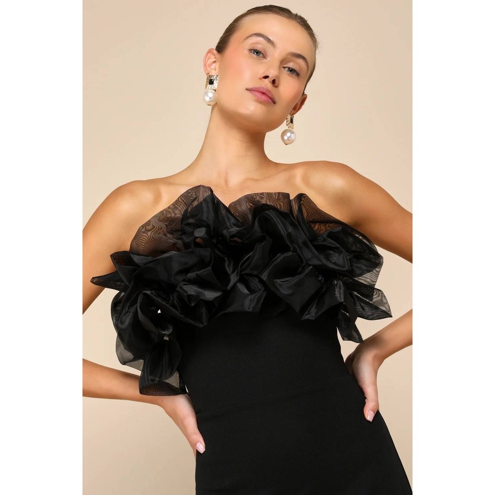 Lulus Evening Excellence Black Ruffled Strapless Mermaid Maxi Dress Size Large - Picture 4 of 7